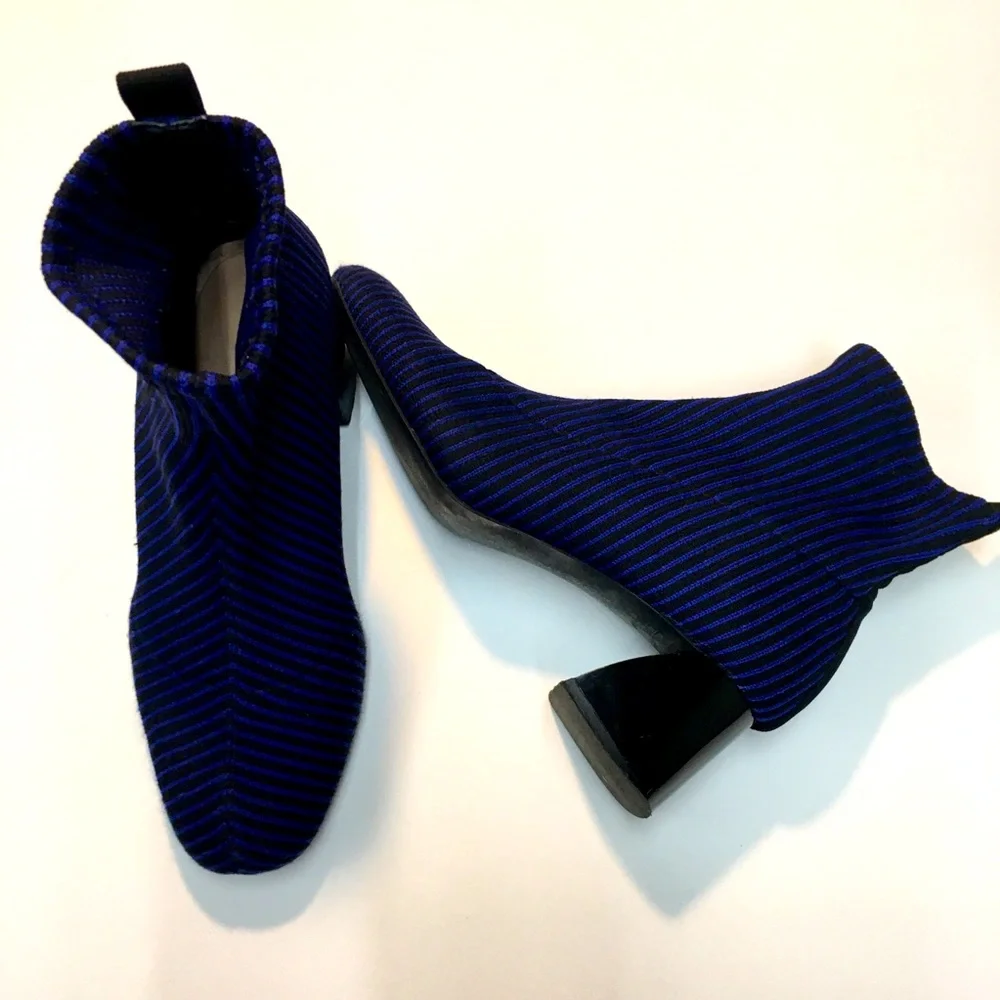 Zara Trafaluc Knit Sock Stripe Booties Block Heel EU 36 Blue Black Office - Picture 1 of 12